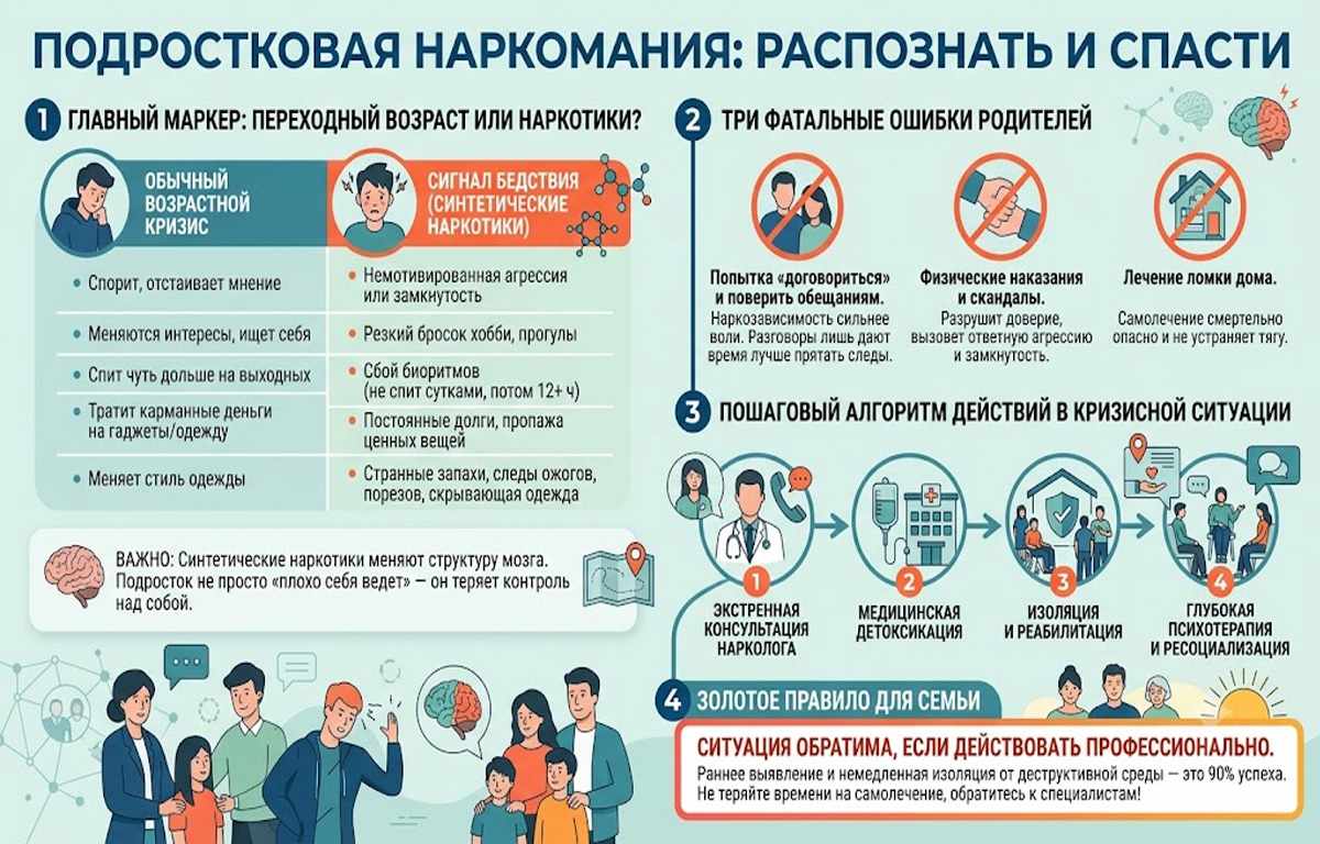 Инфографика для родителей о подростковой зависимости и необходимости реабилитации наркозависимых подростков: физические симптомы, поведенческие признаки употребления и критические ошибки родителей