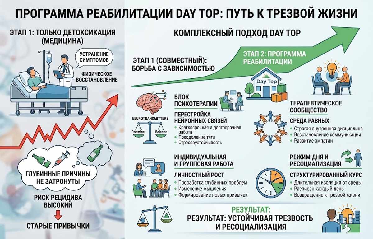 Инфографика для сравнения эффективности медикаментозного лечения и полной программы реабилитации Day Top для достижения устойчивой трезвости