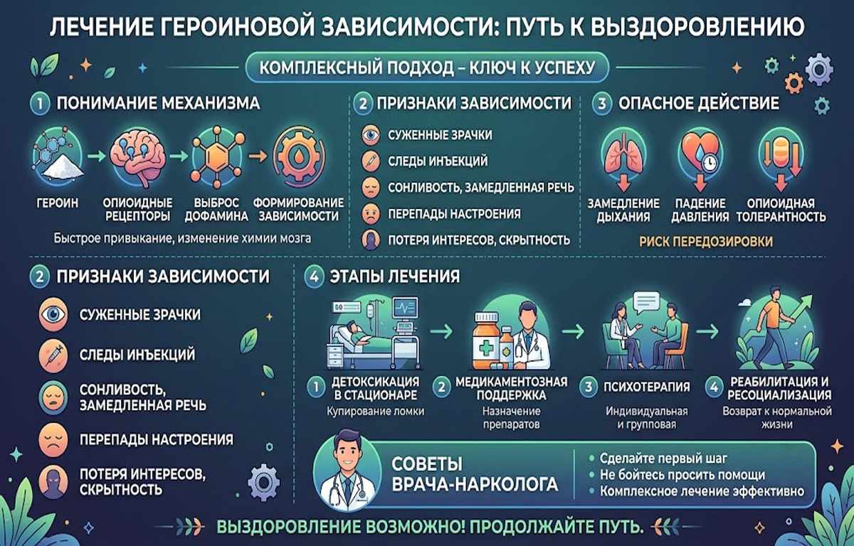 Инфографика о лечении героиновой зависимости: механизм влияния на мозг, основные признаки употребления, опасные последствия и этапы комплексного лечения