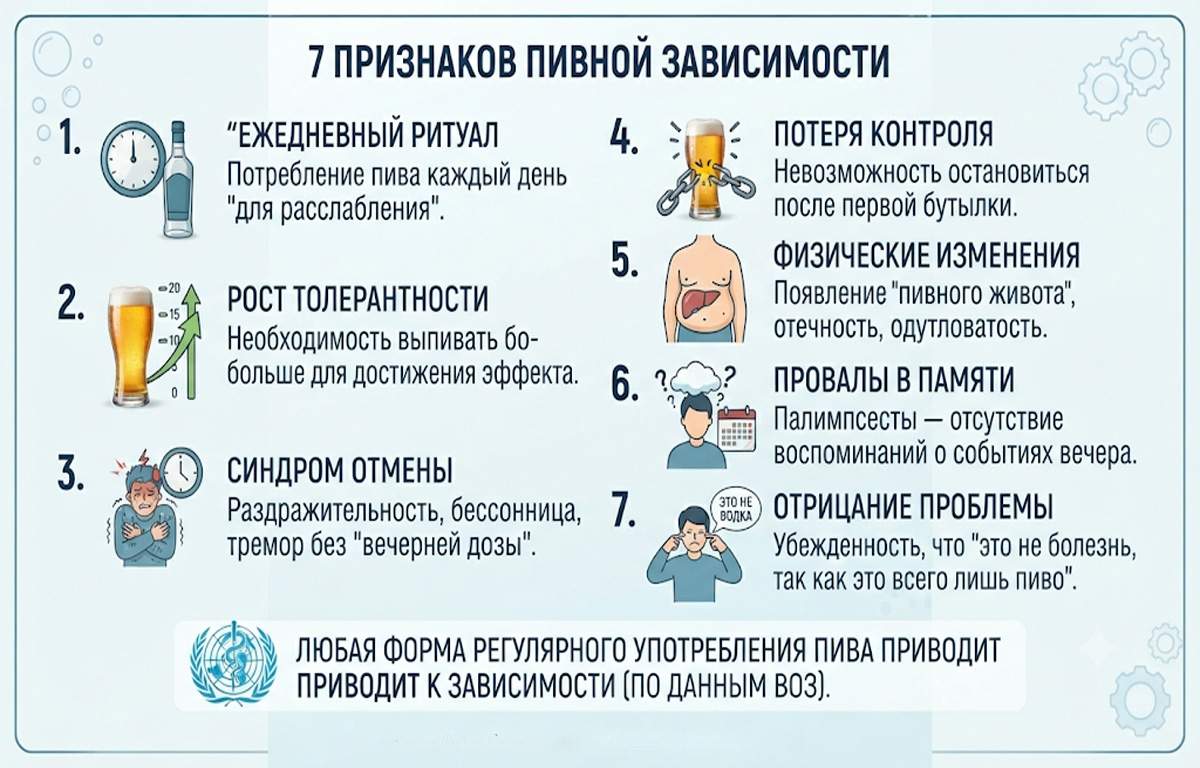 Инфографика, перечисляющая 7 ключевых симптомов, свидетельствующих о необходимости лечения пивной зависимости, от ежедневного ритуала до отрицания проблемы